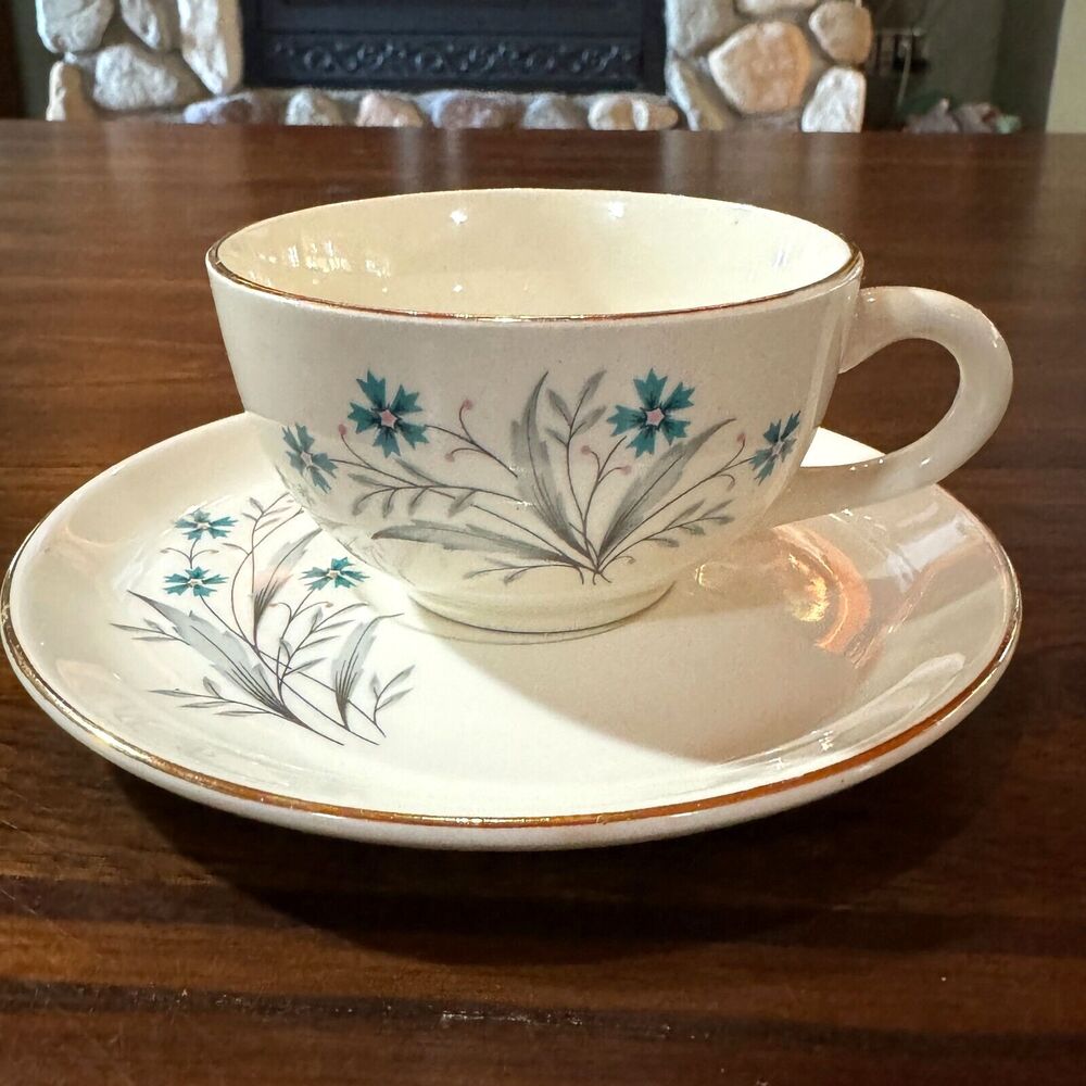Taylor Smith Tea Cup and Saucer MCM Turquoise Floral Gold Trim Rim